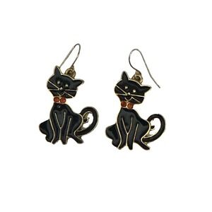 Black Cat Kitty Earrings Metal Gold‎
